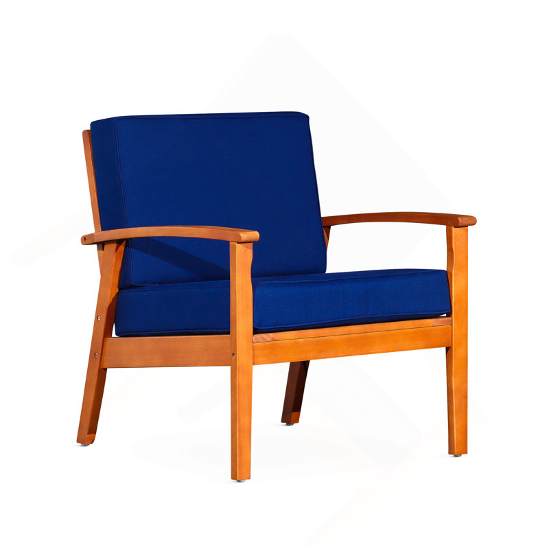 Fauteuil à assise profonde, finition huilée naturelle, coussins bleu marine, Bleu, Naturel