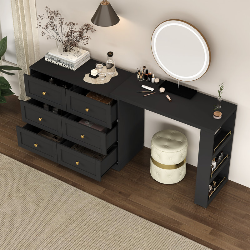 Extendable Makeup Vanity Desk With 6 Drawers, Black