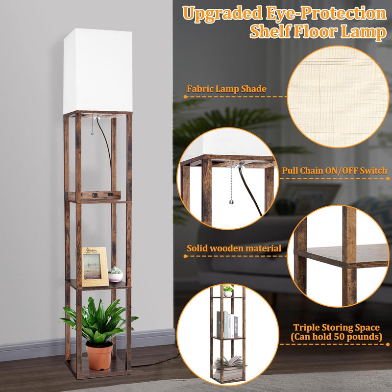 Floor Lamp With Shelves, Wireless Charger, USB A+C Ports, 2 AC Outlets, 3 Color Temperature LED Bulb For Living Room, Bedroom, Office
