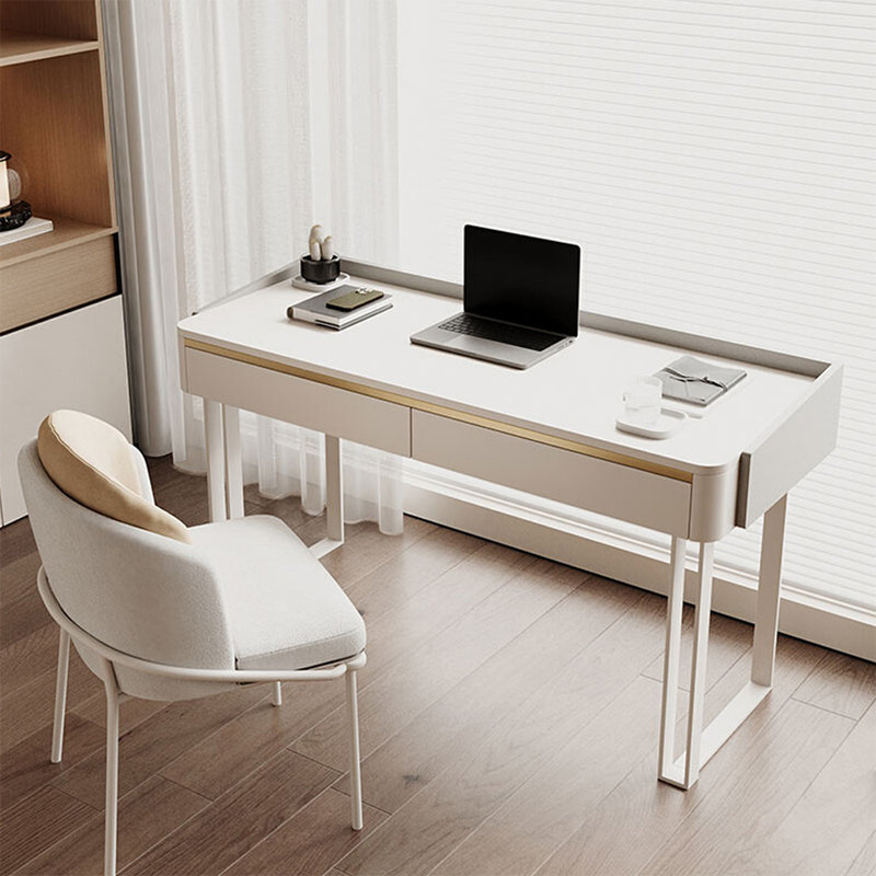 Bureau blanc / gris fritté rectangulaire + bois manufacturé + fer avec bureau à 2 tiroirs
