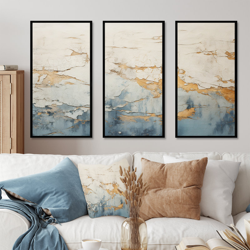 «Gold and Blue Paint Fusion», ensemble d'art mural abstrait, H 28 po x l 36 po x P 1 po, Cadre flottant noir
