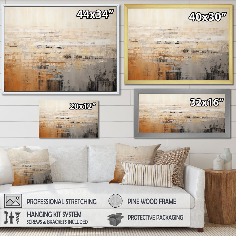 «Darkness Sunrise On Beige Fusion», art mural abstrait, salon, H 12 po x l 20 po x P 1 po, Cadre flottant blanc