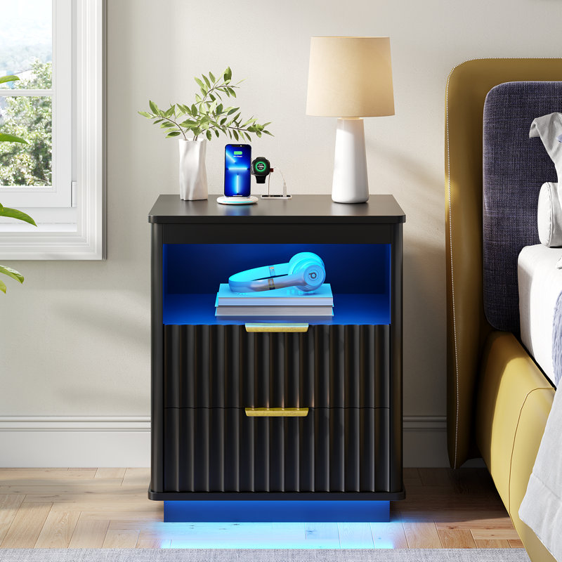 Table de chevet 19 tiroirs l 19,7 po avec port USB et lumière de type C et capteur humain, Noir