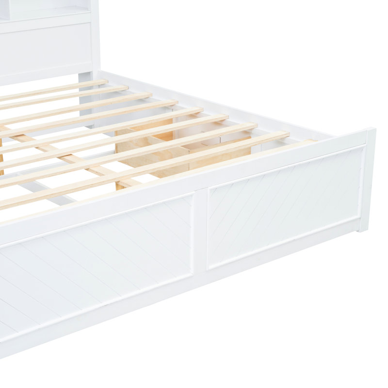 Wooden Platform Bed With Multi-Storage Headboard, Usb And 2 Drawers, White