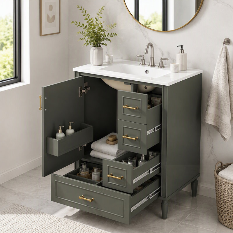 Meuble-lavabo moderne avec lavabo en céramique, porte à fermeture douce, 3 tiroirs et rangement compact pour les petites salles de bain