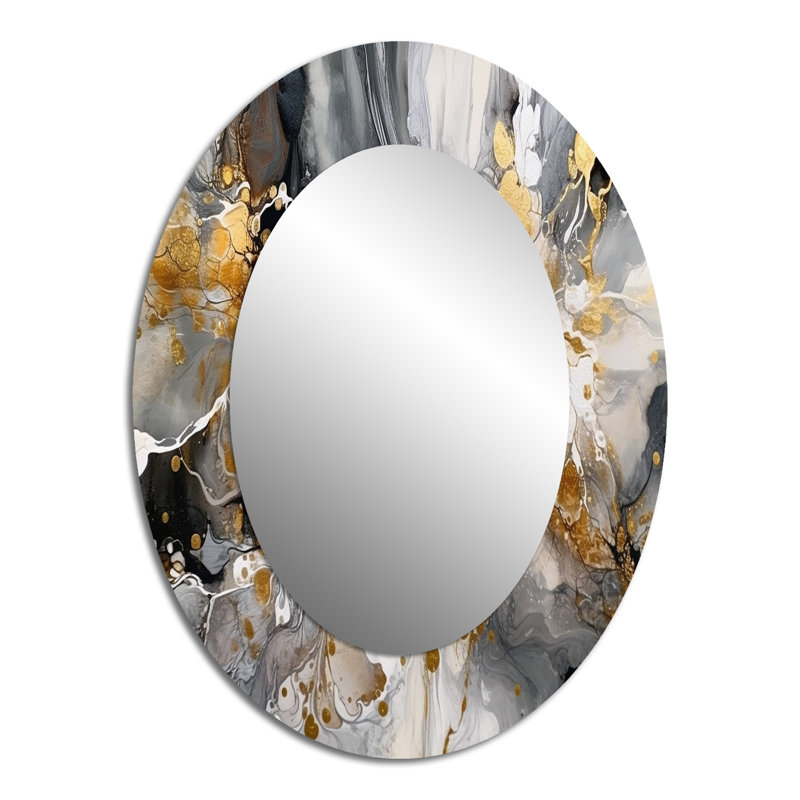 Grey Gold Delicate Abstract Brushstrokes IV - Gray Modern Oval Wall Mirror, 40" x 30"