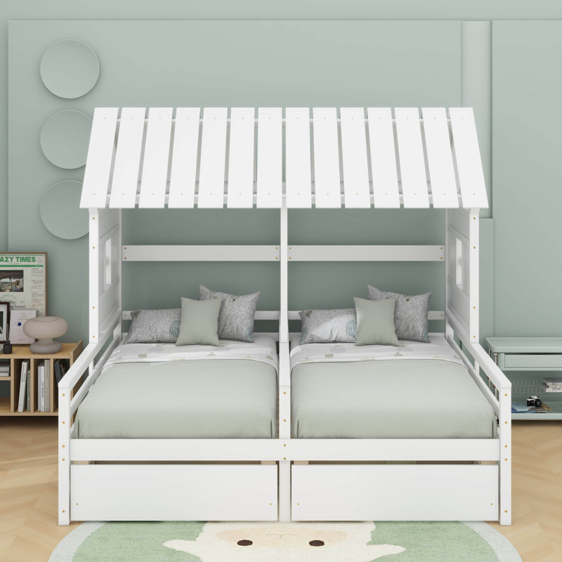 Lit plateforme simple avec 2 tiroirs pour lits partagés, Blanc