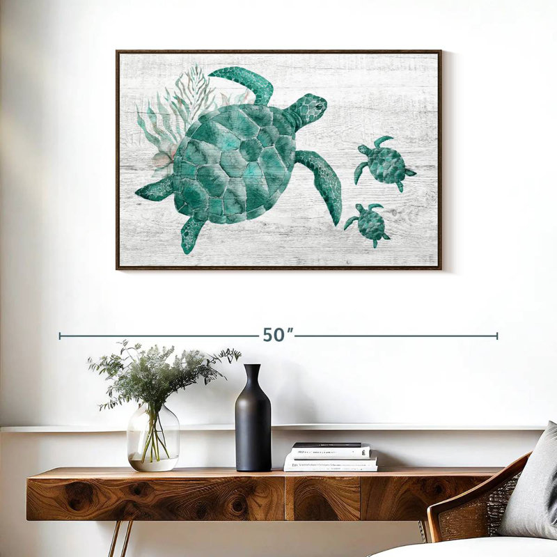 Famille de tortues en bois, 37 po x 25 po, Cadre flottant noyer
