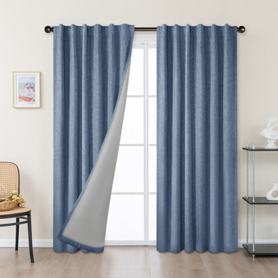 Linen Texture Two-Tone 100% Blackout Back Tab Curtain Pair