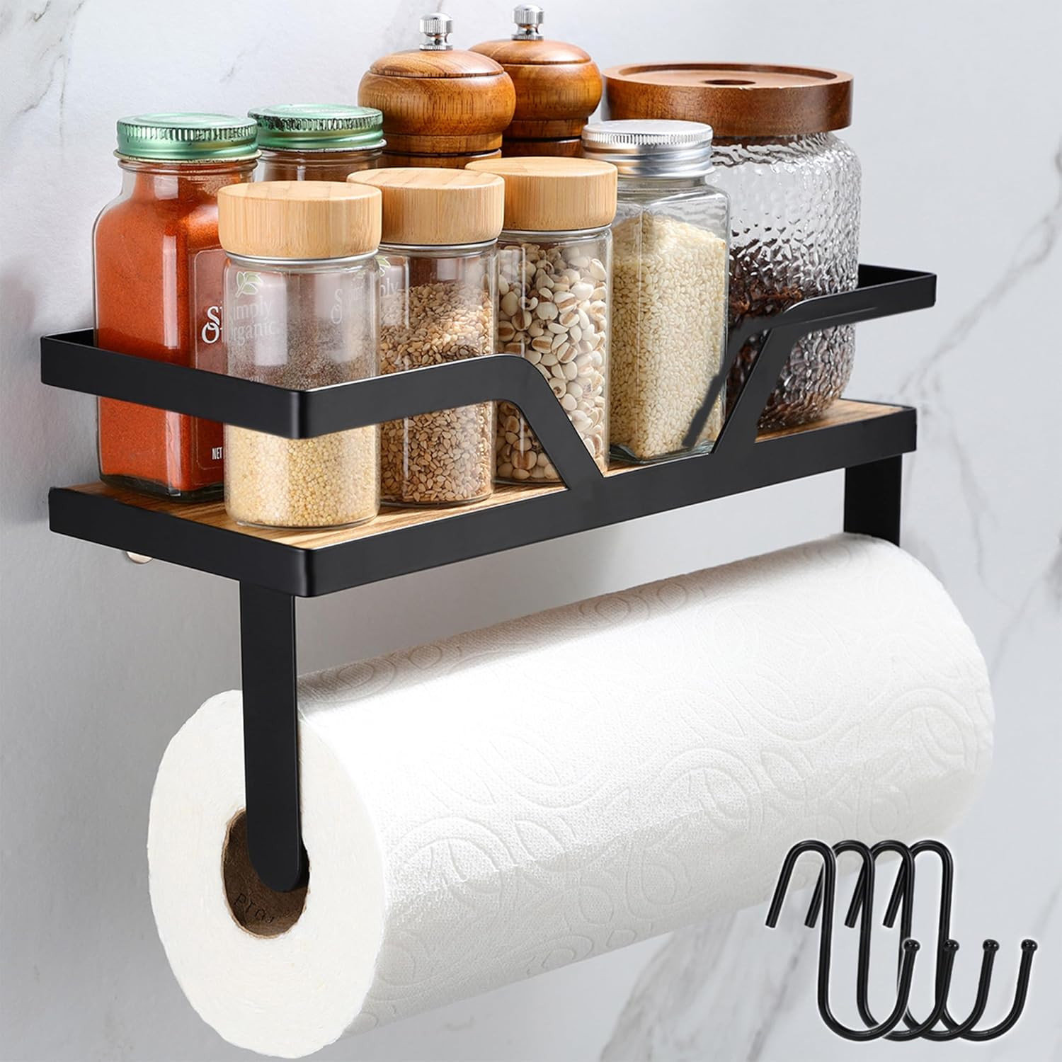 Spice Rack Mounted Wood Shelf Paper Towel Holder Silodo Kitchen