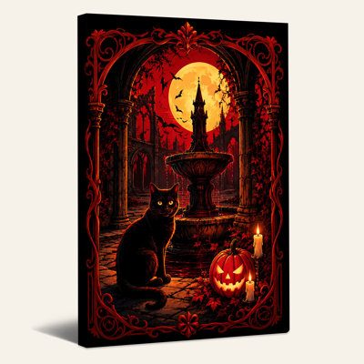 Art de toile d'Halloween chat noir avec citrouille sculptée et château gothique