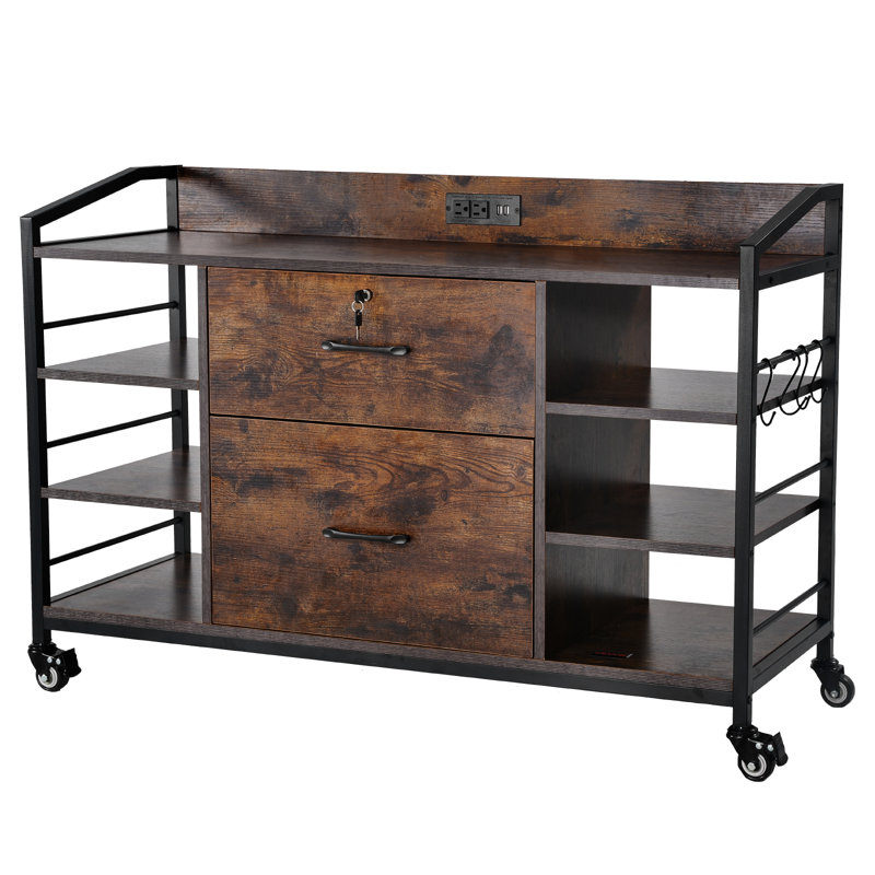 Classeur en métal 2 tiroirs avec 6 tablettes ouvertes et multiprise, Brun