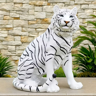 A 20-Inch Tall White Tiger Sculpture Made Of Resin, Designed For Outdoor Decoration In Courtyards, Gardens, And Parks, Representing Peace And Strength