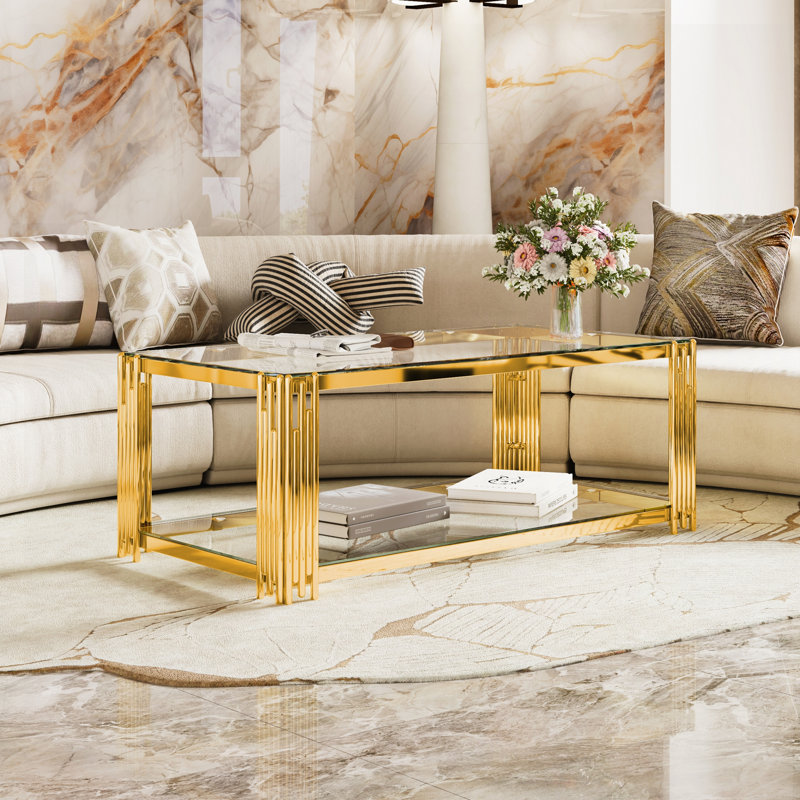 Table basse moderne moderne avec plateau en verre trempé, tablette inférieure et structure en métal asymétrique, Transparent