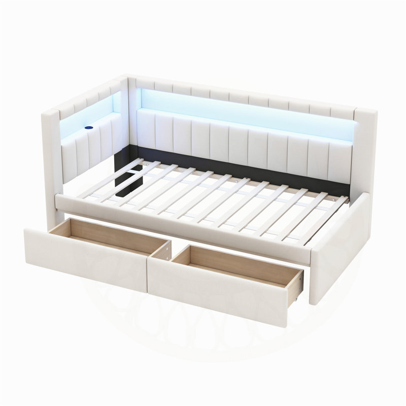 Lit plateforme élégant avec USB et DEL, options de rangement supplémentaires, Blanc