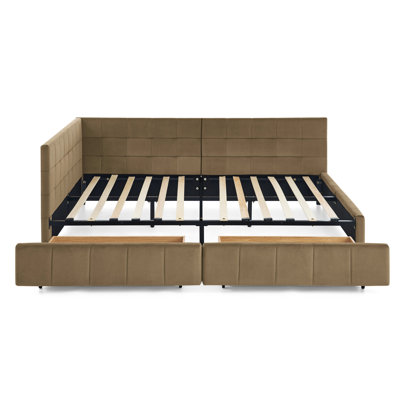 Full Size Bed Frame With Velvet Upholstery And Storage - Practical For Bedroom Living Space, Brown Comfortable Stylish Daybed Room,