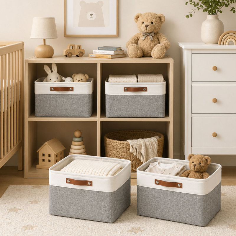 Ensemble de 3 paniers de rangement en tissu gris et blanc, poignées