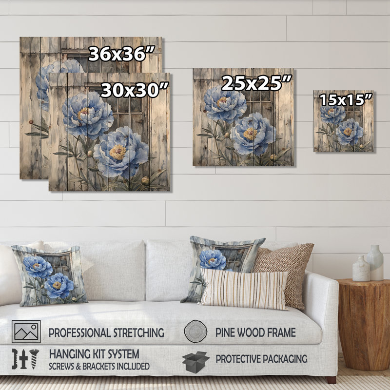 Steel Blue Peonies By The Tool Shed - Peonies Wood Wall Decor - On Natural Pine Wood, 30" H x 30" W x 0.78" D