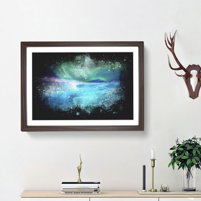 Aurora Borealis At Night - Single Picture Frame Print on MDF, 24cm H x 33cm W x 2cm D, Walnut Framed