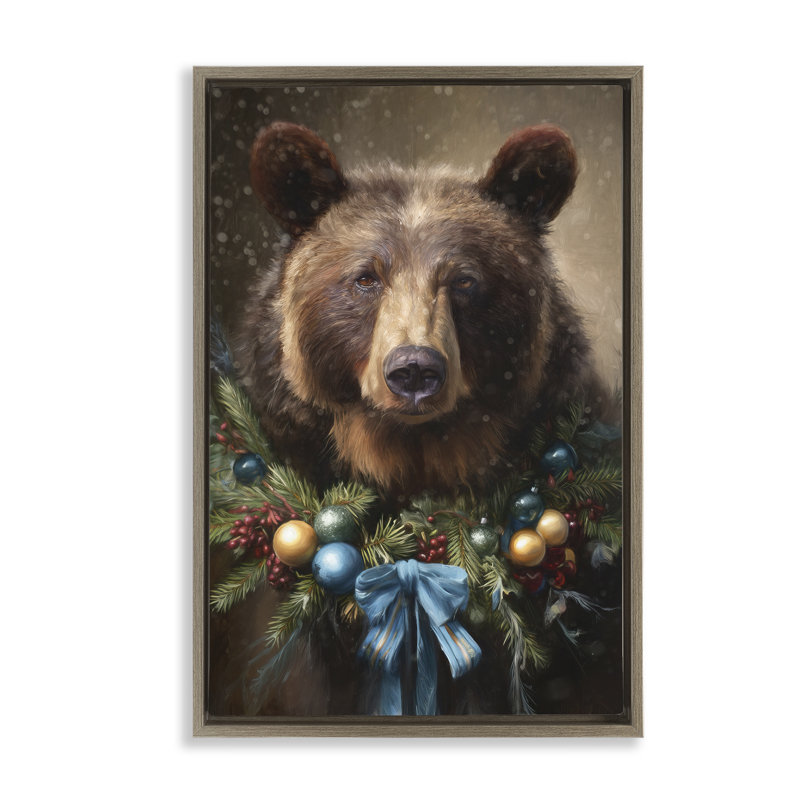 Noël grizzly avec cadre flottant couronne, design par Tina LeCour, H 31 po x l 21 po, Cadre flottant orme Montalcino