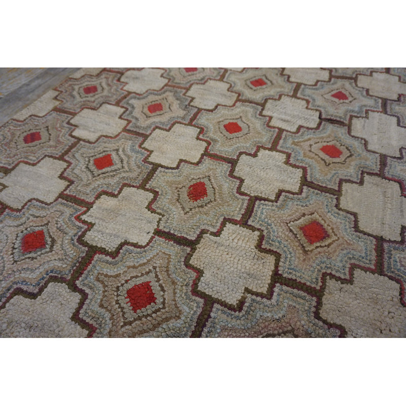 Antique Allover Geometric Wool & Cotton American Folk Art Hooked Rug