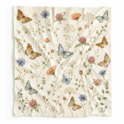 Jeté rétro Vintage Butterfly Botanical, ailes bleues orange avec tiges de fleurs sauvages sur flanelle crème pour canapé, lit, lecture et utilisation quotidienne