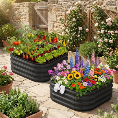 Lit de jardin surélevé galvanisé, 2 lits de jardin surélevés d'extérieur, lits surélevés à pot de fleurs avec bordure en caoutchouc pour les légumes, les fleurs et les herbes