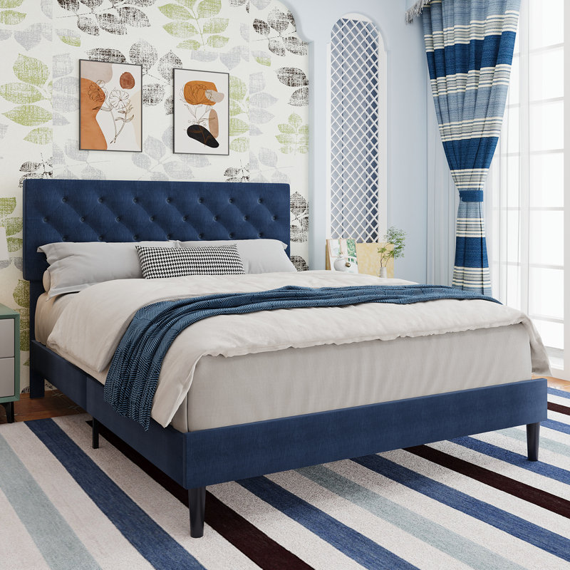 Bed Frames with Button Tufted Headboard, Linen Upholstered Platform Bed with Wooden Slats Support, Easy Assembly, No Box Spring Required