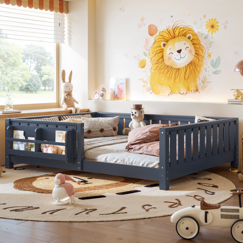 Structure de lit double avec bibliothèque intégrée, lit plateforme pour enfants Safety Guard, bleu, Full, Blue