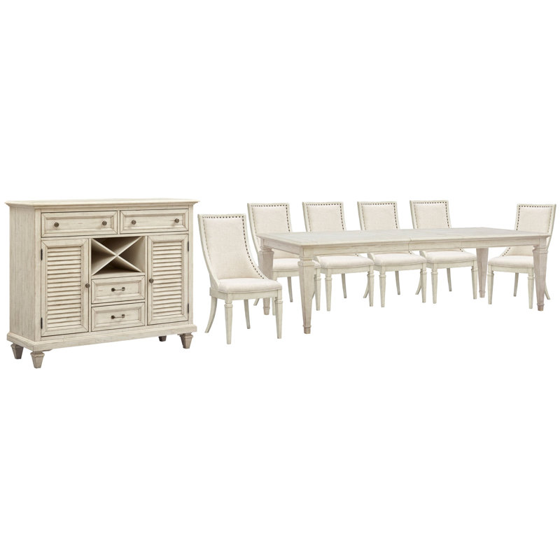 Extendable Rectangular Dining Table With 6 Arm Chairs And Server, 8 Pcs: Table, 6 Chairs, Server