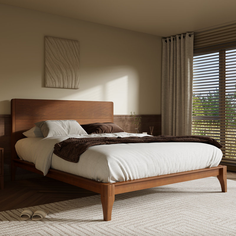 Lit plateforme en bambou de style Mid-Century, structure en bois écologique avec support en lattes de métal, aucun sommier tapissier requis