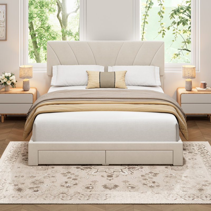 Structure de lit double tapissier pleine grandeur en velours avec tête de lit et 2 tiroirs de rangement sous le lit, conception à lattes en bois, aucune base supplémentaire requise, assemblage facile, beige