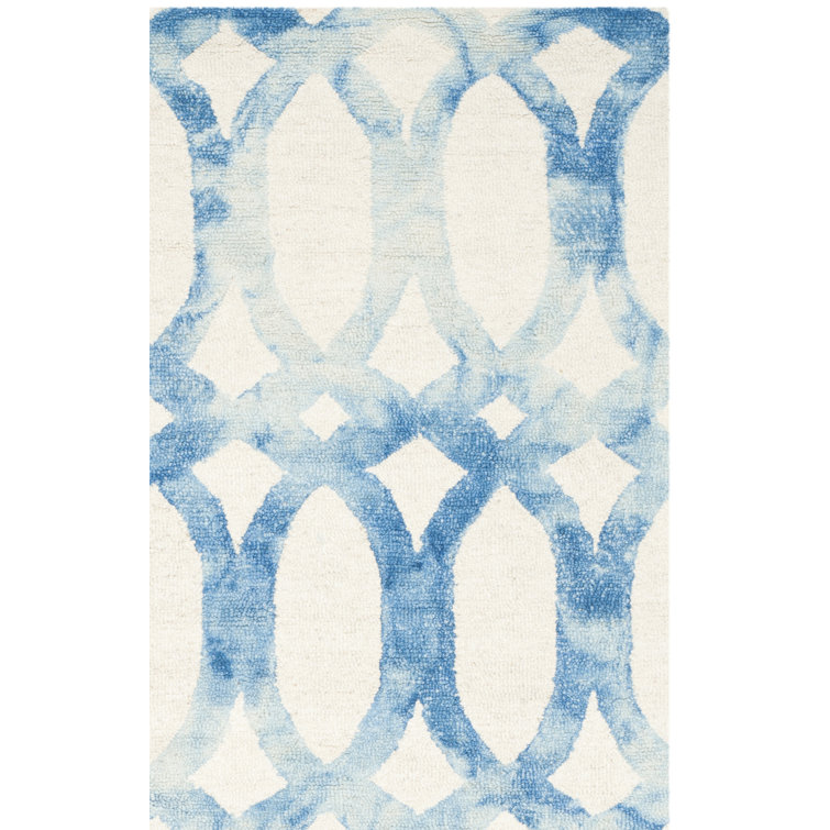Amekia Hand Tufted Wool/Cotton Geometric Rug in Blue/Ivory