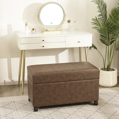 32 Inches Faux Leather Storage Ottoman Bench With Casters