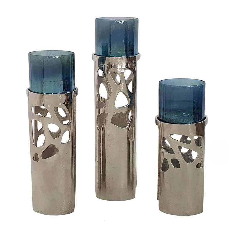 Votive Candle Holder Set Of 3, Silver Aluminum Stand, Ocean Blue Glass