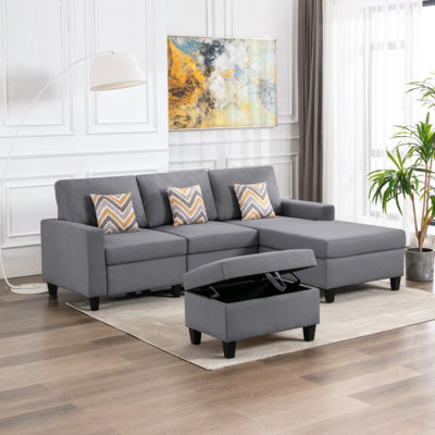 Modern Sofa Linen Fabric 4Pc Reversible Sofa Chaise With Interchangeable Legs, Storage Ottoman, And Pillows
