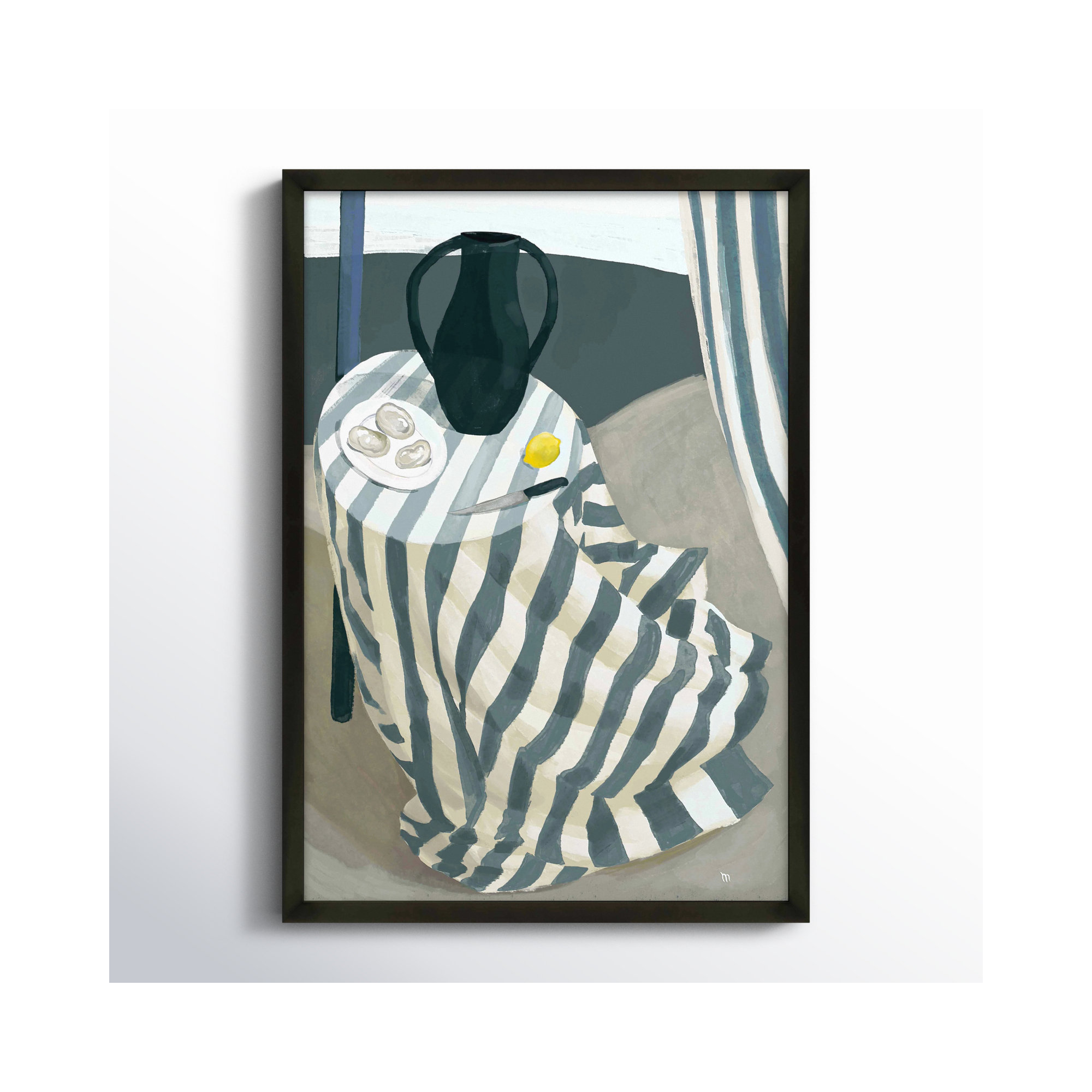 Oysters At The Beach by Marco Marella For Studio M, 14" W x 20" H, Black Framed Paper
