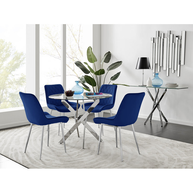 Tierra Modern Metal & Glass Round Dining Table Set with 4 Luxury Velvet Dining Chairs, Navy/Silver