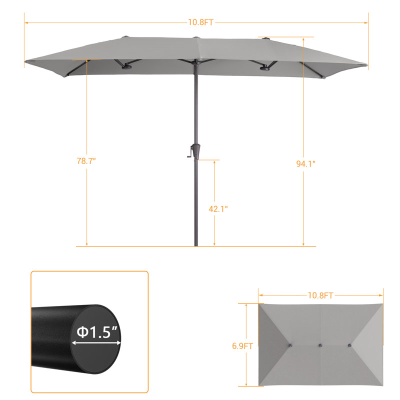 Parasol de patio double face 11 x 7 pi avec grand auvent, Gris