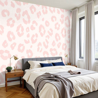 Peel and Stick Wallpaper 96" W x 69" H Modern Self Adhesive Wall Mural for Bedroom Soft Pink Leopard Print Delicate Spots Subtle Texture