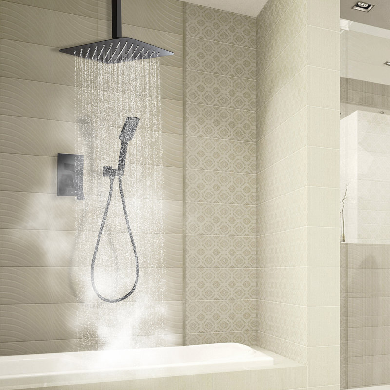 Système de douche complet à pression équilibrée avec valve brute, Noir, noir, noir, noir