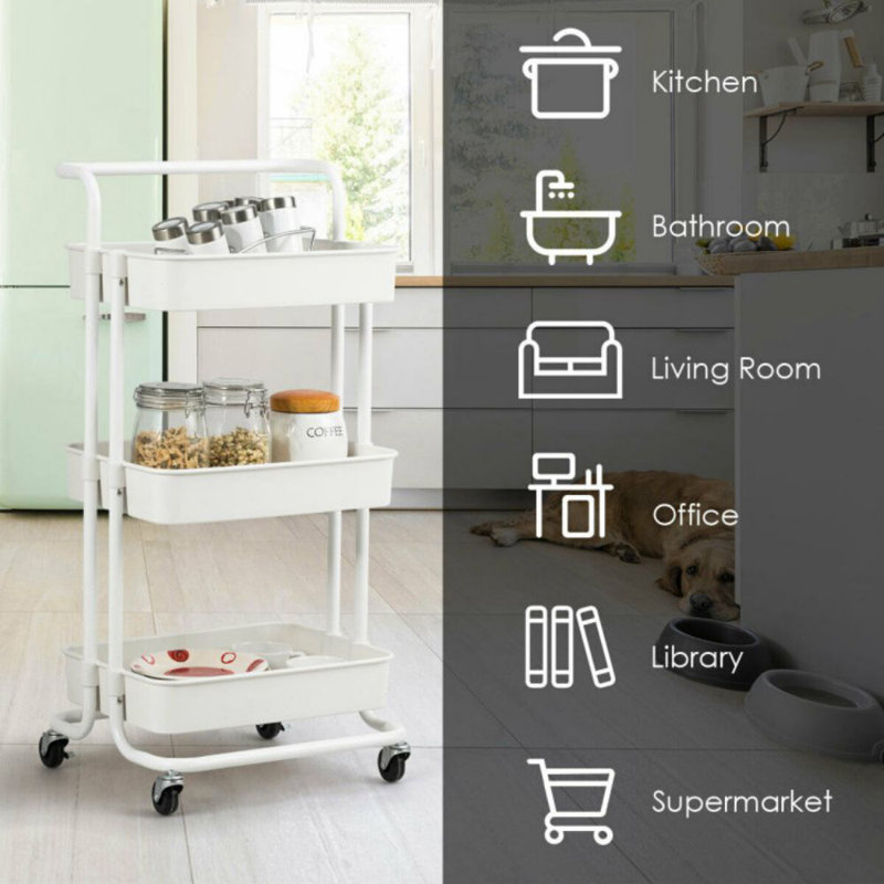 White 3-Tier Metal and ABS Rolling Utility Cart