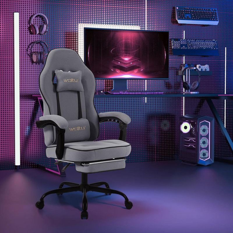 Metro Lane Adjustable Headrest and Reclining PC & Racing Game Chair, 125.5cm H x 67cm W x 67cm D, Grey/Brown/Blue