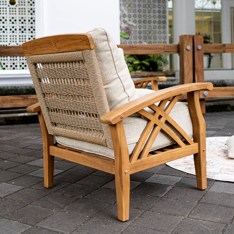 Chaise longue d'extérieur en teck avec coussin Cotesfield, Tissage de performance brun clair