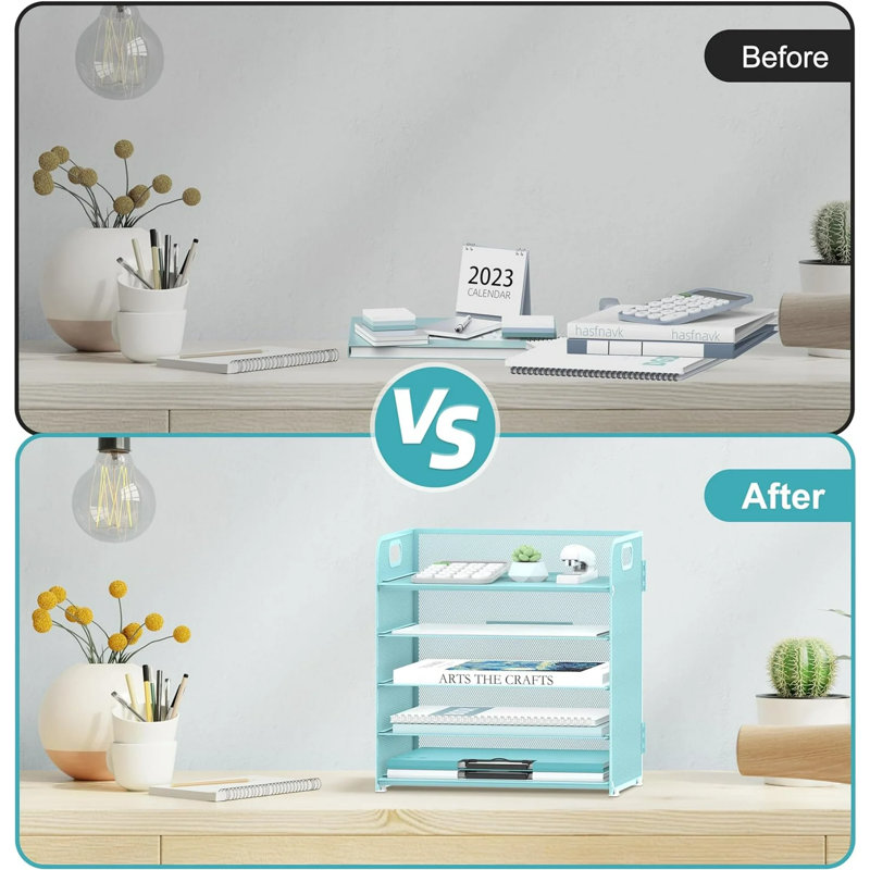 5-Tier Desktop Organizer Letter Tray With Handle-Mesh, Blue
