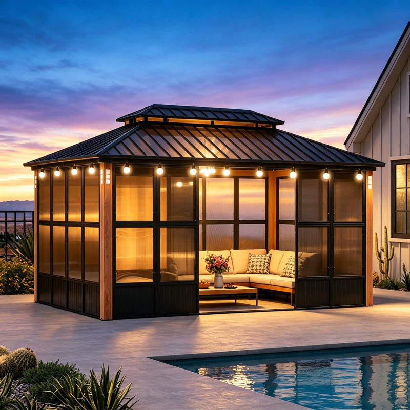 Pavillon de jardin mauve à toit rigide avec abri de jardin et toit en aluminium avec fenêtres amovibles et guirlande de 48 pi