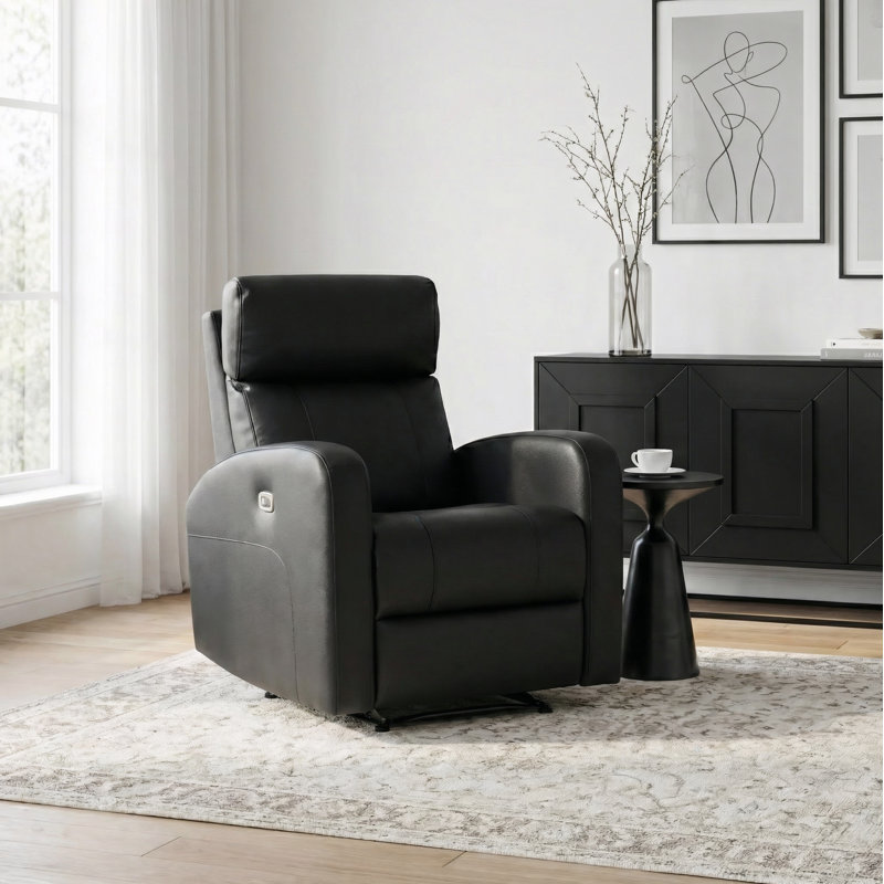 Joris 31.1" Top-Grain Leather Power Recliner with Adjustable Headrest, USB-A & USB-C, Black Top Grain Leather