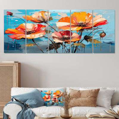 Orange And Blue Poppy Bouquet II - Poppies 5 Piece Wall Art Set