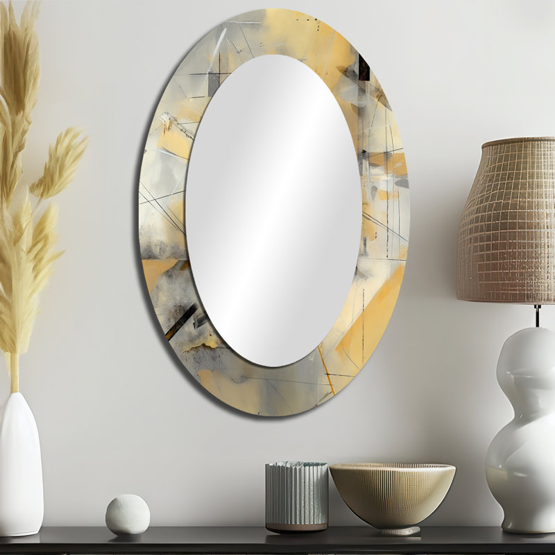 Yellow And Grey Beyond The Canvas II - Large Oval Wall Mirror On Metal, 36" x 24"