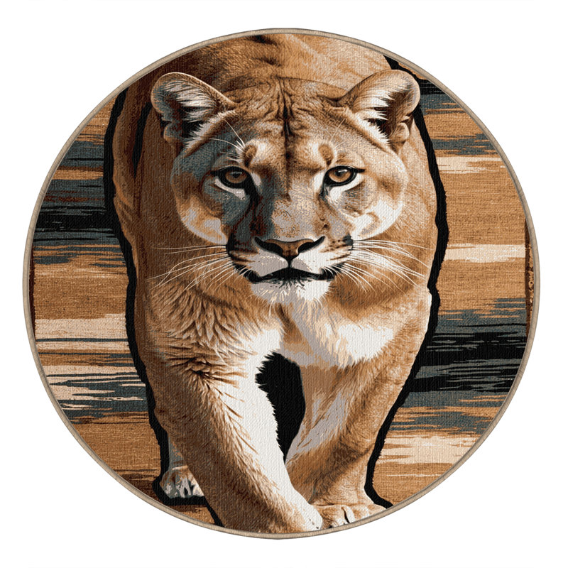 Washable California Mountain Lion Big Cats Area Rug, Round 8'